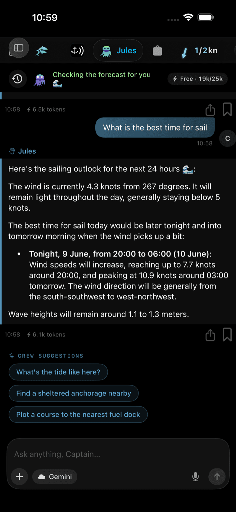 Jules answering 'what is the best time to sail' with a 24-hour wind and wave outlook in the AnchorQueen app