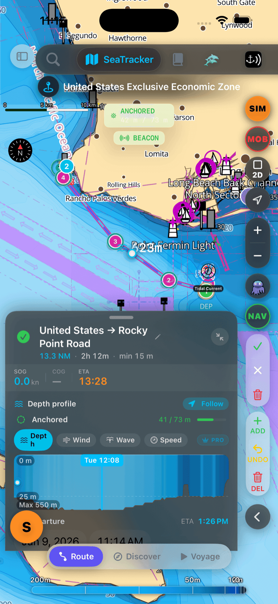 Depth profile along a planned route