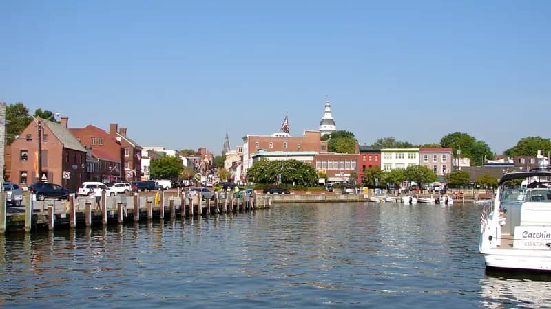 Annapolis City Dock ve kıyının üzerinde Maryland State House kubbesi
