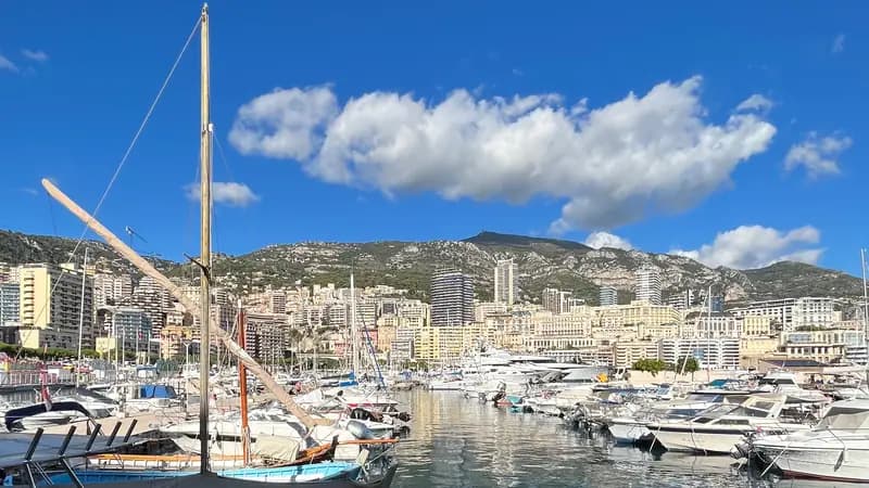 Monako’da Port Hercule’deki yatlar, arkada şehir ve dağlar