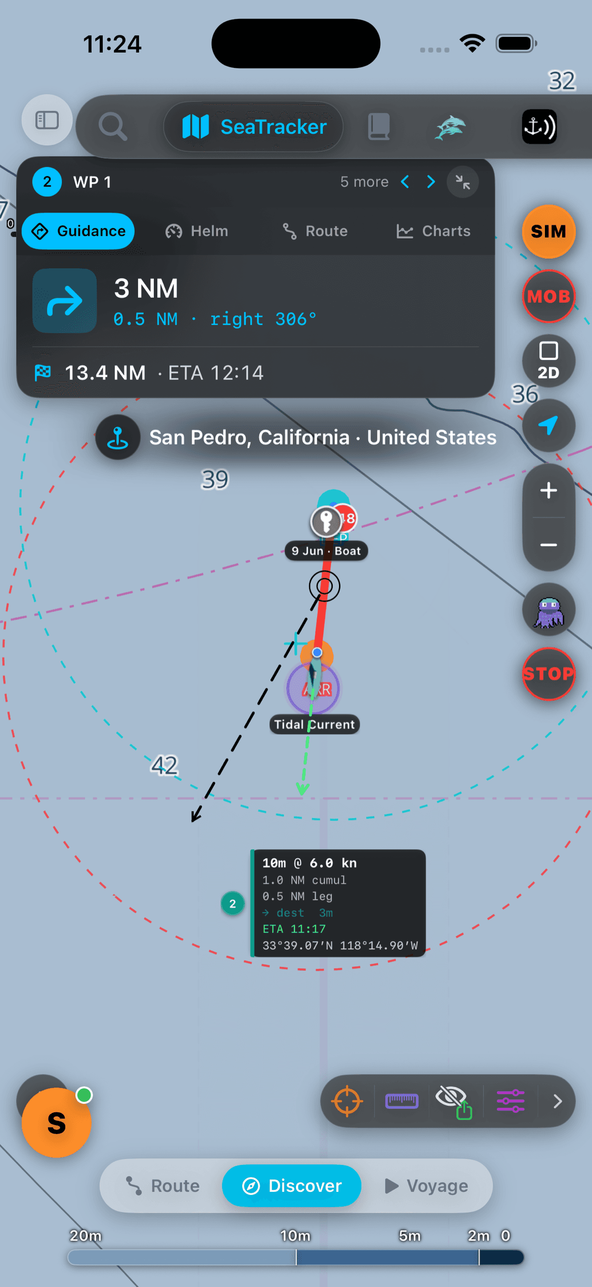 Active navigation guidance — next turn in 3 NM, ETA 12:14