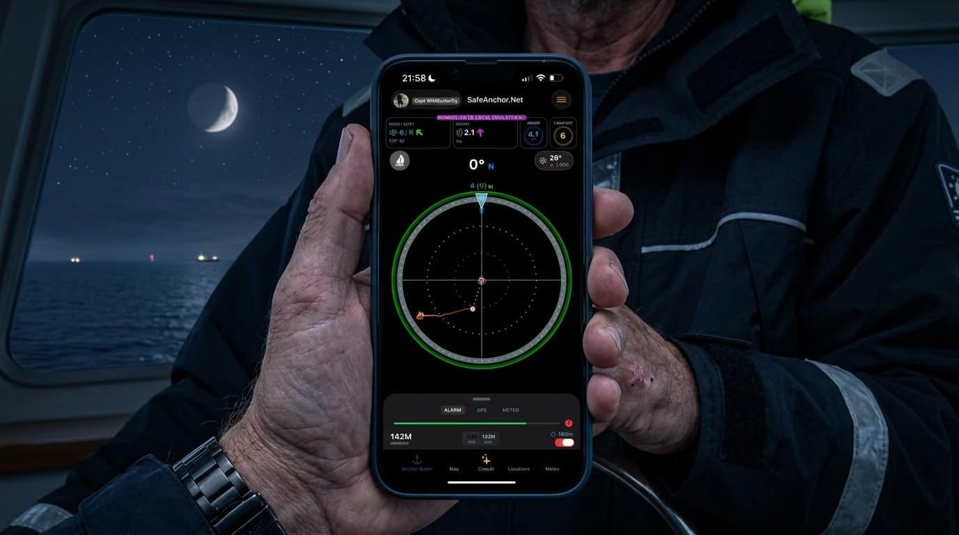 Demirde nöbet tutan bir kaptanın elindeki iPhone'da SafeAnchor çapa alarmı