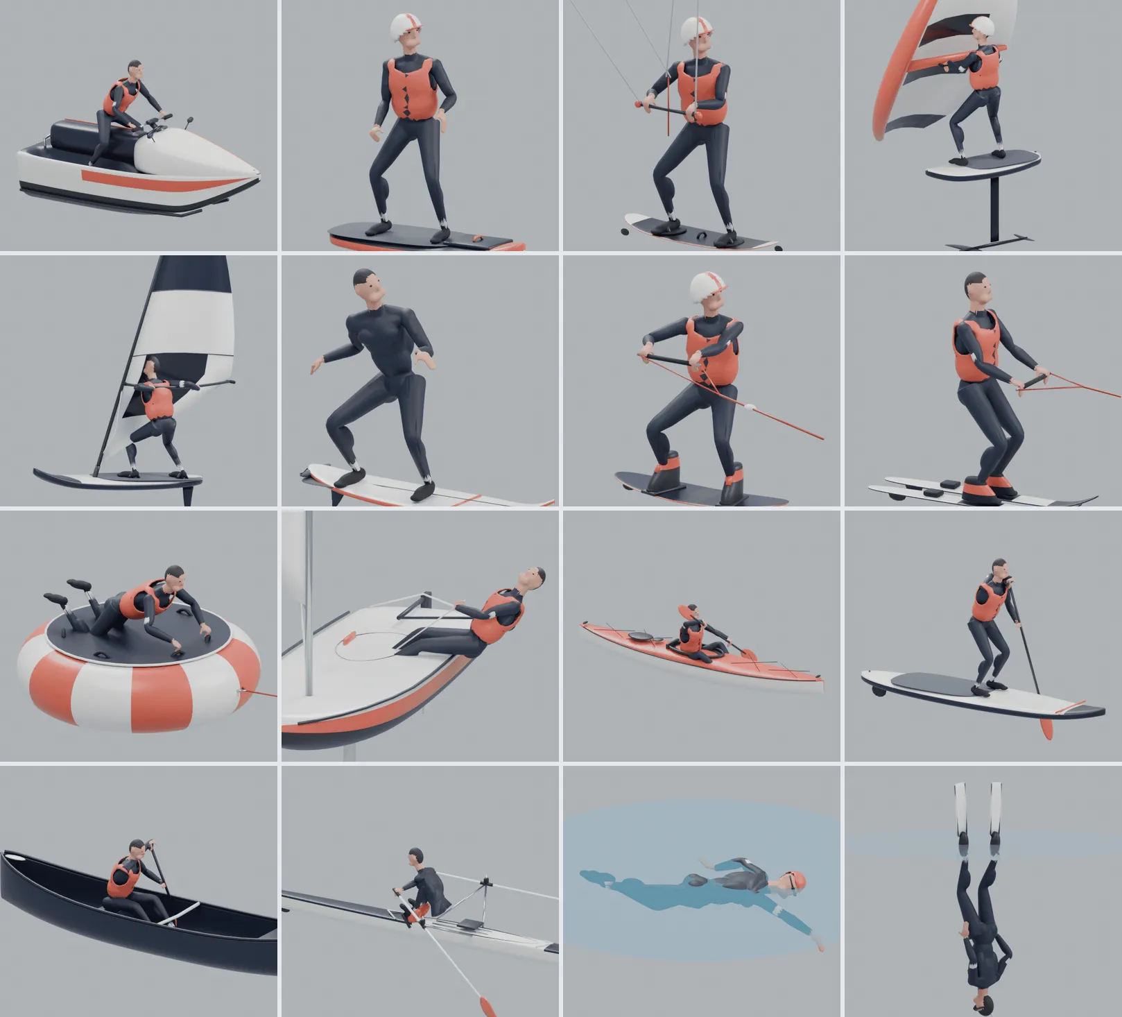 Seksten 3D-gjengivelser av AnchorQueens havsportsutøvere: vannscooter, eFoil, kitesurfing, wingfoil, brettseiling, surfing, wakeboard, vannski, slepering, jolle, kajakk, SUP, kano, roing, svømming i åpent vann og fridykking